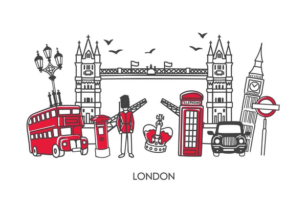 BVector modern illustration symbols of London, the UK. Famous British attractions in panoramic composition in the simple minimalistic style. Horizontal skyline banner or souvenir print design. asic RGB