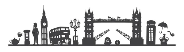 Vector illustration London skyline. Famous English symbols and attractions. Black silhouette of the city. Horizontal panoramic scene of the UK capital.