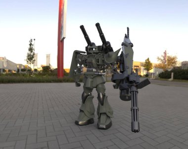 Sci-fi mech asker bir manzara arka plan üzerinde duruyor. Yeşil ve gri renk metal ile askeri fütüristik robot. Mech bir pilot tarafından kontrol ediliyor. Çizik metal zırh robotu. Mech Savaşı. 3d render