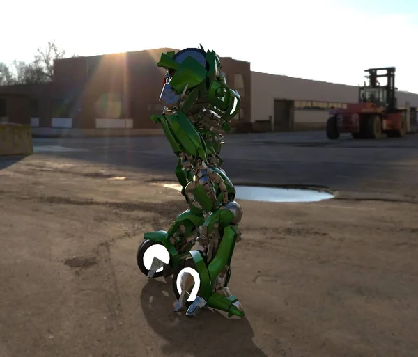 Sci-Fi mech katona állt a táj hátterét. Katonai futurisztikus robot egy zöld és szürke színű fém. Mech vezérli pilóta. Karcos fém páncél robot. Mech csata. 3D-leképezés — Stock Fotó