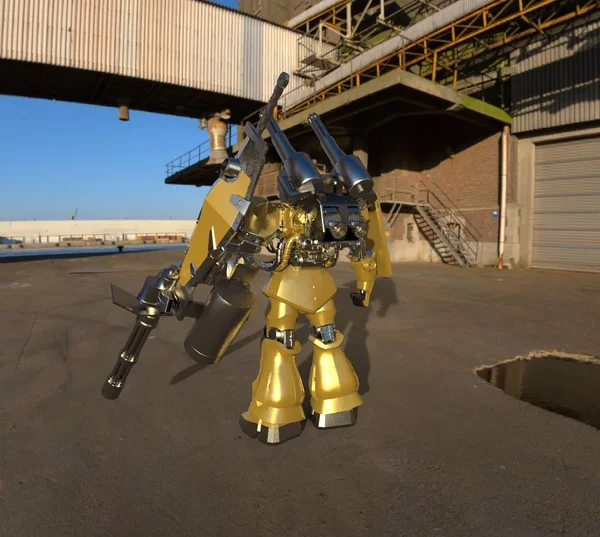 Science-Fiction-Mechaniker, der vor einem Landschaftsbild steht. militärische futuristische Roboter mit einer grünen und grauen Farbe Metall. mech, das von einem Piloten gesteuert wird. zerkratzte Metallpanzerroboter. mech Schlacht. 3D-Darstellung — Stockfoto