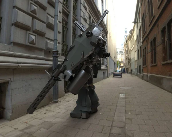 Soldat mécanicien de science-fiction debout sur un fond de paysage. Robot militaire futuriste avec un métal de couleur vert et gris. Mech contrôlé par un pilote. Robot blindé en métal rayé. Bataille de Mech. rendu 3D — Photo