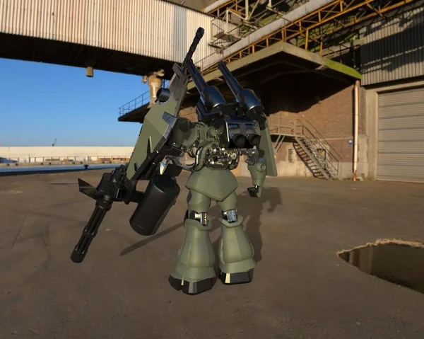 Soldat mécanicien de science-fiction debout sur un fond de paysage. Robot militaire futuriste avec un métal de couleur vert et gris. Mech contrôlé par un pilote. Robot blindé en métal rayé. Bataille de Mech. rendu 3D — Photo