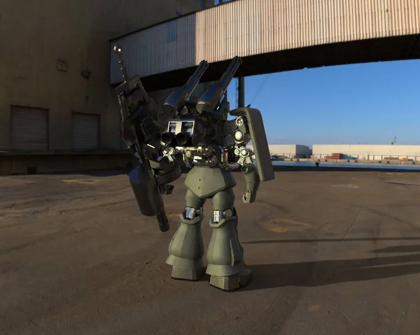 Sci-Fi Mech-soldat som står på en landskaps bakgrund. Militär futuristisk robot med en grön och grå färg metall. Robot styrd av en pilot. Repad Metal Armor robot. Mech-striden. 3D-rendering — Stockfoto