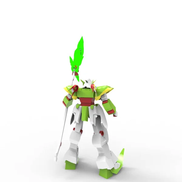 Sci-fi mech soldier standing on a white background. Military futuristic robot with a green and gray color metal. Mech controlled by a pilot. Scratched metal armor robot. Mech Battle. 3D rendering — Stock Photo, Image