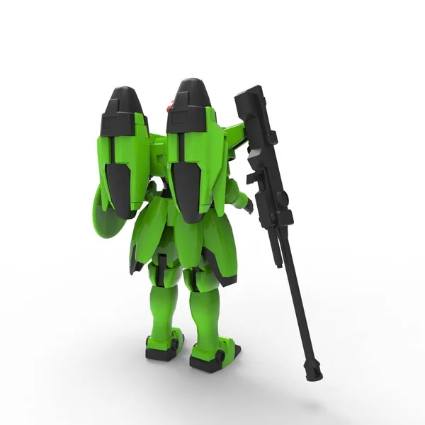 Soldado mecánico de ciencia ficción parado sobre un fondo blanco. Robot futurista militar con metal de color verde y gris. Mech controlado por un piloto. Robot de armadura de metal rayado. Batalla Mech. Renderizado 3D —  Fotos de Stock
