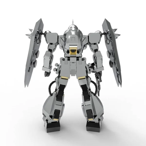 Beyaz bir arka plan üzerinde duran bilim kurgu mech asker. Yeşil ve gri renk metal ile askeri fütüristik robot. Mech bir pilot tarafından kontrol ediliyor. Çizik metal zırh robotu. Mech Savaşı. 3d render — Stok fotoğraf