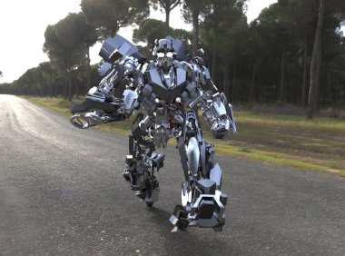 Sci-fi mech asker bir manzara arka plan üzerinde duruyor. Yeşil ve gri renk metal ile askeri fütüristik robot. Mech bir pilot tarafından kontrol ediliyor. Çizik metal zırh robotu. Mech Savaşı. 3d render