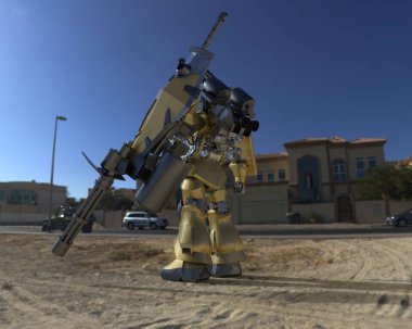 Sci-fi mech asker bir manzara arka plan üzerinde duruyor. Yeşil ve gri renk metal ile askeri fütüristik robot. Mech bir pilot tarafından kontrol ediliyor. Çizik metal zırh robotu. Mech Savaşı. 3d render
