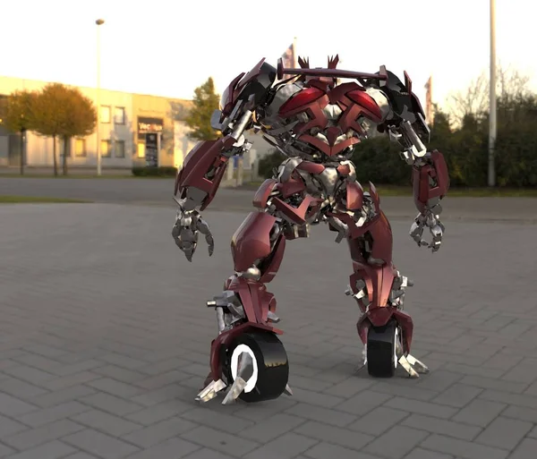 Sci-fi mech asker bir manzara arka plan üzerinde duruyor. Yeşil ve gri renk metal ile askeri fütüristik robot. Mech bir pilot tarafından kontrol ediliyor. Çizik metal zırh robotu. Mech Savaşı. 3d render — Stok fotoğraf