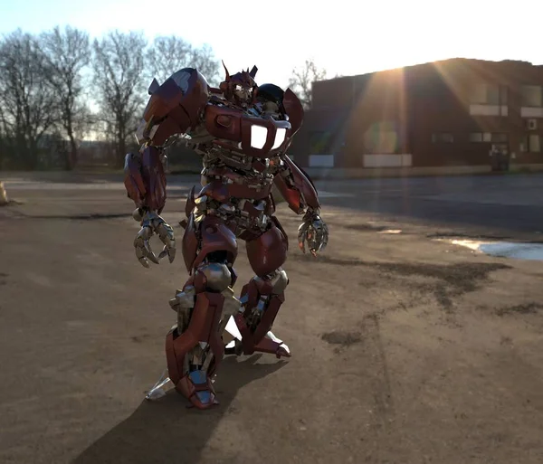 Sci-Fi Mech-soldat som står på en landskaps bakgrund. Militär futuristisk robot med en grön och grå färg metall. Robot styrd av en pilot. Repad Metal Armor robot. Mech-striden. 3D-rendering — Stockfoto