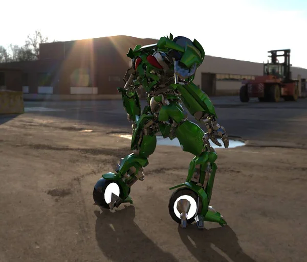 Soldado mecánico de ciencia ficción de pie sobre un fondo de paisaje. Robot futurista militar con metal de color verde y gris. Mech controlado por un piloto. Robot de armadura de metal rayado. Batalla Mech. Renderizado 3D — Foto de Stock