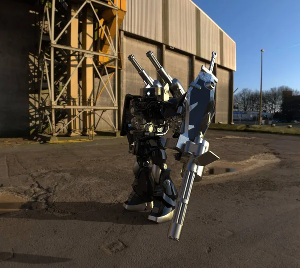 Sci-fi mech soldat în picioare pe un fundal peisaj. Robotul futurist militar cu un metal de culoare verde și gri. Mech controlat de un pilot. Robotul armurii metalice zgâriate. Mech Battle. Redare 3D — Fotografie, imagine de stoc