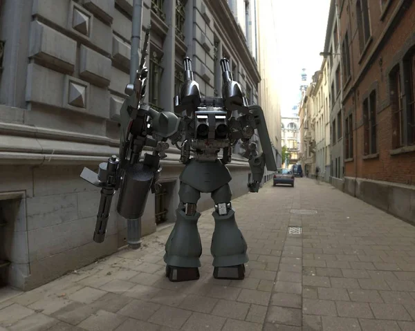 Soldat mécanicien de science-fiction debout sur un fond de paysage. Robot militaire futuriste avec un métal de couleur vert et gris. Mech contrôlé par un pilote. Robot blindé en métal rayé. Bataille de Mech. rendu 3D — Photo