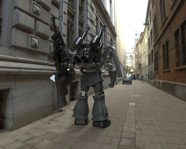 Prajurit Sci-fi Mech berdiri di atas latar belakang pemandangan. Robot militer futuristik dengan logam berwarna hijau dan abu-abu. Mech dikendalikan oleh pilot. Robot baja yang tergores. Pertempuran Mech. Perender 3D — Stok Foto