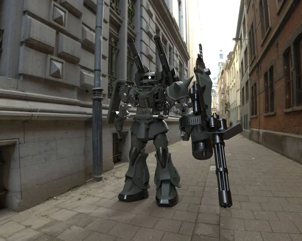 लँडस्केप पार्श्वभूमीवर उभे असलेले साय-फाय मेक सैनिक. हिरव्या आणि राखाडी रंगाच्या धातूसह सैन्य भविष्यातील रोबोट. पायलटद्वारे नियंत्रित मेच. स्क्रॅच मेटल चिलखत रोबोट. लढाई लढू. 3D रेंडरिंग — स्टॉक फोटो, इमेज