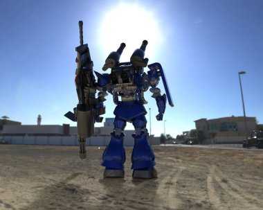 Sci-fi mech asker bir manzara arka plan üzerinde duruyor. Yeşil ve gri renk metal ile askeri fütüristik robot. Mech bir pilot tarafından kontrol ediliyor. Çizik metal zırh robotu. Mech Savaşı. 3d render