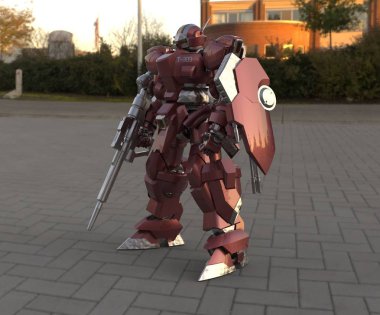 Sci-fi mech asker bir manzara arka plan üzerinde duruyor. Yeşil ve gri renk metal ile askeri fütüristik robot. Mech bir pilot tarafından kontrol ediliyor. Çizik metal zırh robotu. Mech Savaşı. 3d render