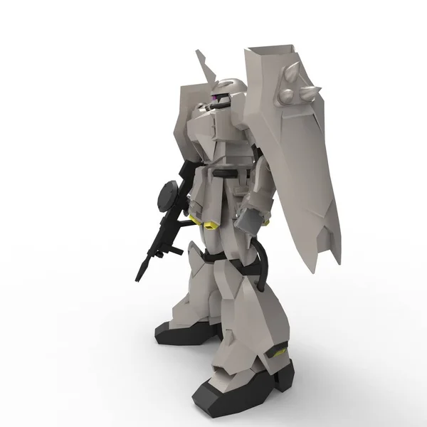 白い背景に立つSFメカの兵士。緑と灰色の金属を持つ軍事未来的なロボット。パイロットによって制御されるメカ。傷ついた金属装甲ロボット。メカバトル。3D レンダリング — ストック写真
