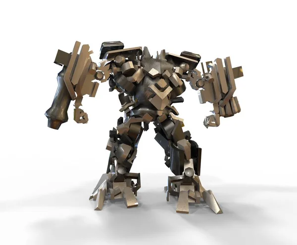 Sci-fi mech asker bir manzara arka plan üzerinde duruyor. Yeşil ve gri renk metal ile askeri fütüristik robot. Mech bir pilot tarafından kontrol ediliyor. Çizik metal zırh robotu. Mech Savaşı. 3d render — Stok fotoğraf