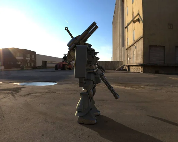 Soldat mécanicien de science-fiction debout sur un fond de paysage. Robot militaire futuriste avec un métal de couleur vert et gris. Mech contrôlé par un pilote. Robot blindé en métal rayé. Bataille de Mech. rendu 3D — Photo