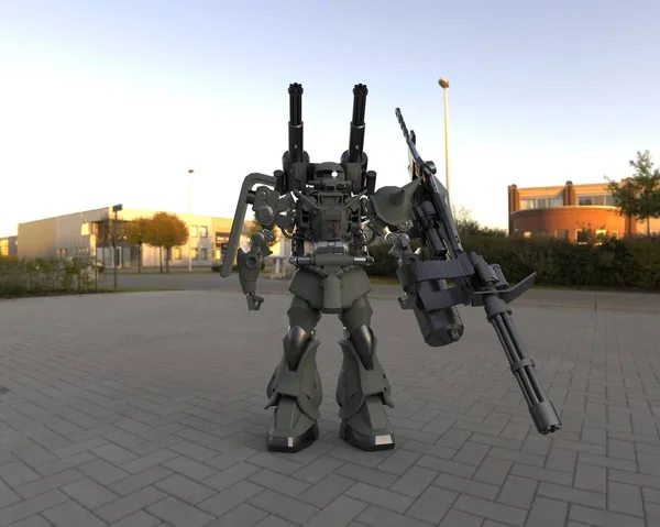 Sci-Fi mech katona állt a táj hátterét. Katonai futurisztikus robot egy zöld és szürke színű fém. Mech vezérli pilóta. Karcos fém páncél robot. Mech csata. 3D-leképezés — Stock Fotó