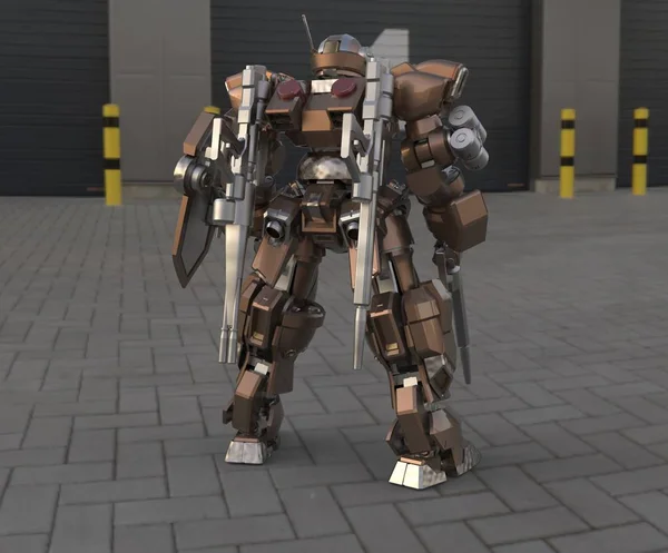 Sci-Fi mech katona állt a táj hátterét. Katonai futurisztikus robot egy zöld és szürke színű fém. Mech vezérli pilóta. Karcos fém páncél robot. Mech csata. 3D-leképezés — Stock Fotó