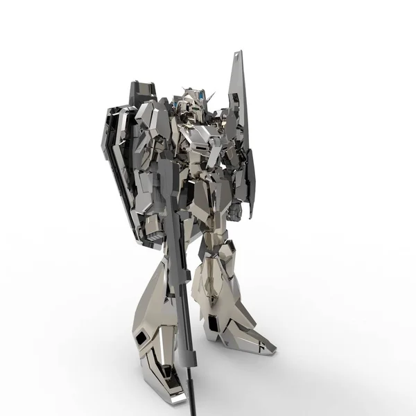 Beyaz bir arka plan üzerinde duran bilim kurgu mech asker. Yeşil ve gri renk metal ile askeri fütüristik robot. Mech bir pilot tarafından kontrol ediliyor. Çizik metal zırh robotu. Mech Savaşı. 3d render — Stok fotoğraf