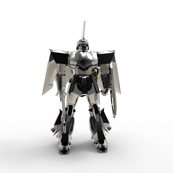 Sci-fi soldado mech em pé sobre um fundo branco. Robô futurista militar com um metal de cor verde e cinza. Mecha controlada por um piloto. Robô de armadura de metal riscado. Batalha de Mech. Renderização 3D — Fotografia de Stock