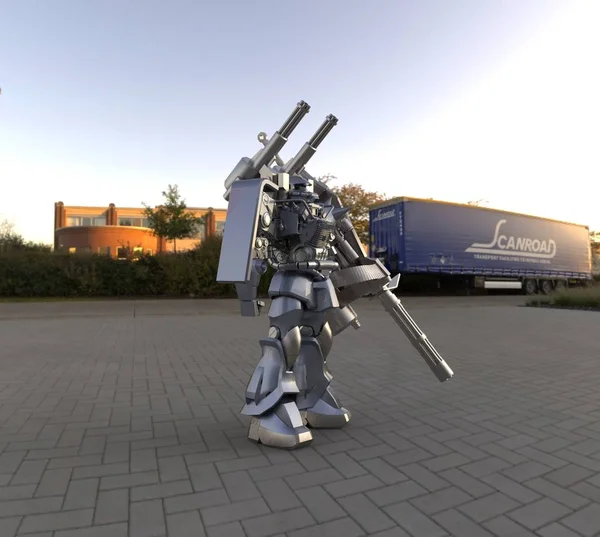 ทหาร Sci-fi mech ยืนอยู่บนพื้นหลังภูมิทัศน์ หุ่นยนต์ในอนาคตทางทหารที่มีโลหะสีเขียวและสีเทา เมชควบคุมโดยนักบิน หุ่นยนต์เกราะโลหะขีดข่วน สงครามมีช การแสดงผล 3 มิติ — ภาพถ่ายสต็อก