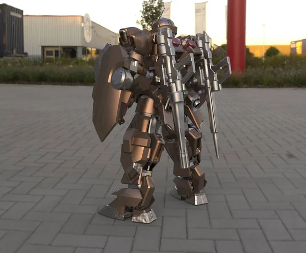 Sci-Fi mech żołnierz stoi na tle krajobrazu. Wojskowy futurystyczny Robot z zielonym i szarym kolorze metalu. Mech kontrolowany przez pilota. Porysowany metalowy pancerz robota. Bitwa mech. Renderowanie 3D — Zdjęcie stockowe