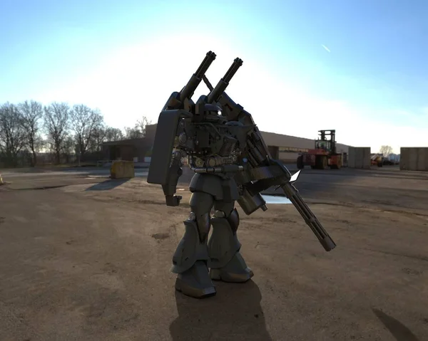 Sci-Fi mech katona állt a táj hátterét. Katonai futurisztikus robot egy zöld és szürke színű fém. Mech vezérli pilóta. Karcos fém páncél robot. Mech csata. 3D-leképezés — Stock Fotó