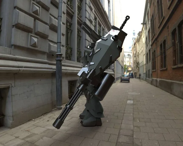 Sci-Fi mech żołnierz stoi na tle krajobrazu. Wojskowy futurystyczny Robot z zielonym i szarym kolorze metalu. Mech kontrolowany przez pilota. Porysowany metalowy pancerz robota. Bitwa mech. Renderowanie 3D — Zdjęcie stockowe
