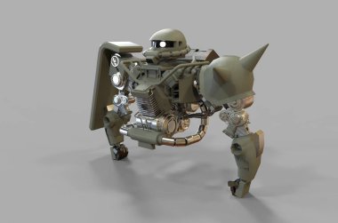 Sci-fi mech asker bir manzara arka plan üzerinde duruyor. Yeşil ve gri renk metal ile askeri fütüristik robot. Mech bir pilot tarafından kontrol ediliyor. Çizik metal zırh robotu. Mech Savaşı. 3d render