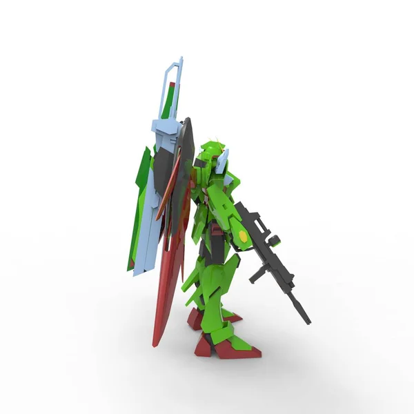 Sci-Fi mech żołnierz stoi na białym tle. Wojskowy futurystyczny Robot z zielonym i szarym kolorze metalu. Mech kontrolowany przez pilota. Porysowany metalowy pancerz robota. Bitwa mech. Renderowanie 3D — Zdjęcie stockowe