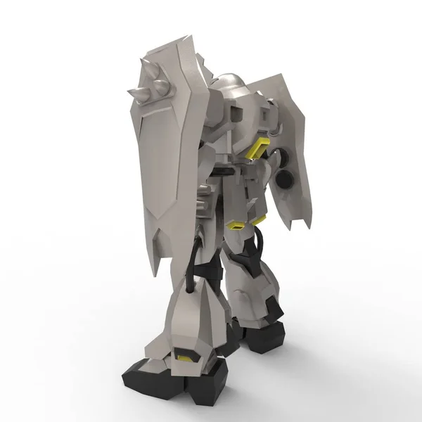 Μηχανικός επιστημονικής φαντασίας που στέκεται σε λευκό φόντο. Στρατιωτικό φουτουριστικό ρομπότ με πράσινο και γκρι χρώμα μέταλλο. Μηχανή ελεγχόμενη από πιλότο. Χαραγμένη μεταλλική πανοπλία ρομπότ. Μάχη μηχανών. απόδοση 3D — Φωτογραφία Αρχείου