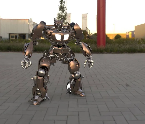 Sci-Fi mech żołnierz stoi na tle krajobrazu. Wojskowy futurystyczny Robot z zielonym i szarym kolorze metalu. Mech kontrolowany przez pilota. Porysowany metalowy pancerz robota. Bitwa mech. Renderowanie 3D — Zdjęcie stockowe