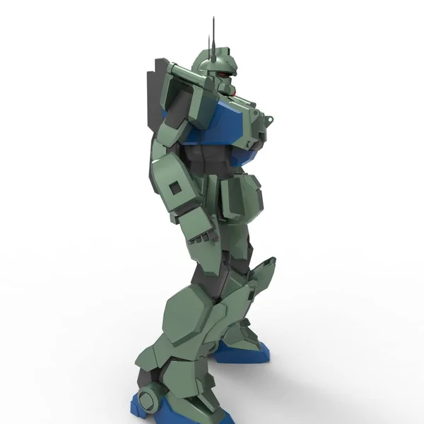 Science-Fiction-Mechaniker auf weißem Hintergrund. militärische futuristische Roboter mit einer grünen und grauen Farbe Metall. mech, das von einem Piloten gesteuert wird. zerkratzte Metallpanzerroboter. mech Schlacht. 3D-Darstellung — Stockfoto