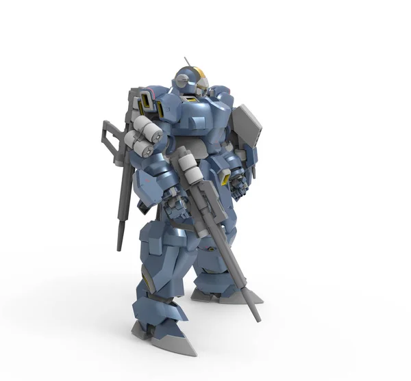 風景の背景に立っているSFメカの兵士。緑と灰色の金属を持つ軍事未来的なロボット。パイロットによって制御されるメカ。傷ついた金属装甲ロボット。メカバトル。3D レンダリング — ストック写真