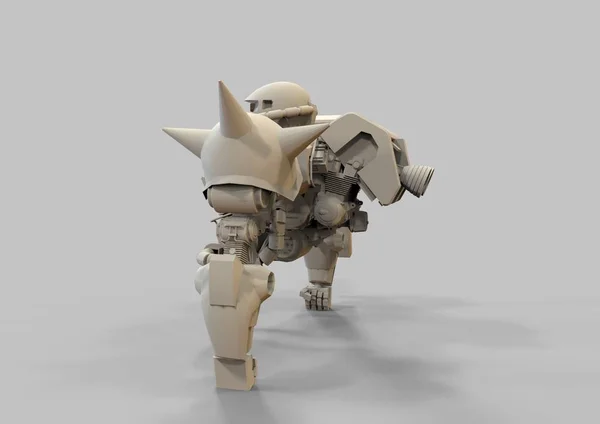 Sci-Fi mech żołnierz stoi na tle krajobrazu. Wojskowy futurystyczny Robot z zielonym i szarym kolorze metalu. Mech kontrolowany przez pilota. Porysowany metalowy pancerz robota. Bitwa mech. Renderowanie 3D — Zdjęcie stockowe