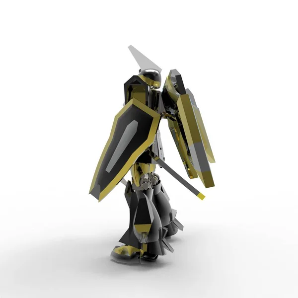 Beyaz bir arka plan üzerinde duran bilim kurgu mech asker. Yeşil ve gri renk metal ile askeri fütüristik robot. Mech bir pilot tarafından kontrol ediliyor. Çizik metal zırh robotu. Mech Savaşı. 3d render — Stok fotoğraf