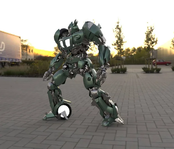 Sci-fi mech asker bir manzara arka plan üzerinde duruyor. Yeşil ve gri renk metal ile askeri fütüristik robot. Mech bir pilot tarafından kontrol ediliyor. Çizik metal zırh robotu. Mech Savaşı. 3d render — Stok fotoğraf