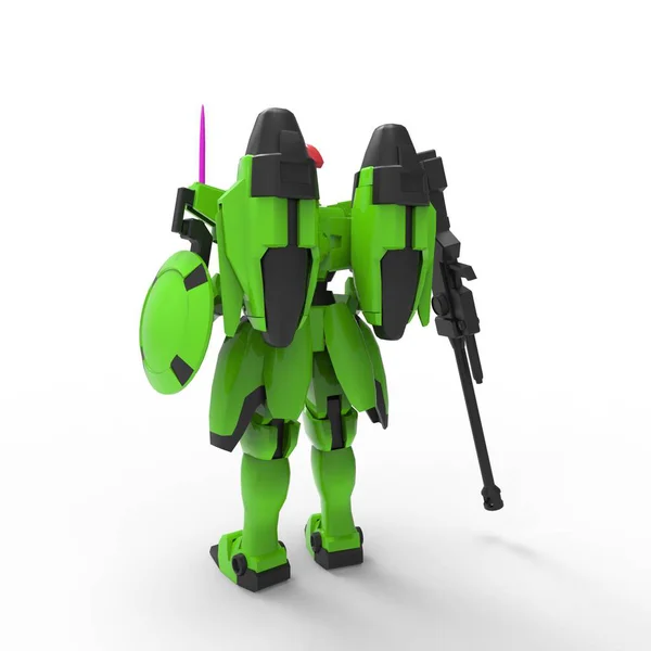 Soldato fantascientifico in piedi su uno sfondo bianco. Robot futuristico militare con metallo di colore verde e grigio. Mech controllato da un pilota. Robot con armatura in metallo graffiato. Battaglia di Mech. Rendering 3D — Foto Stock