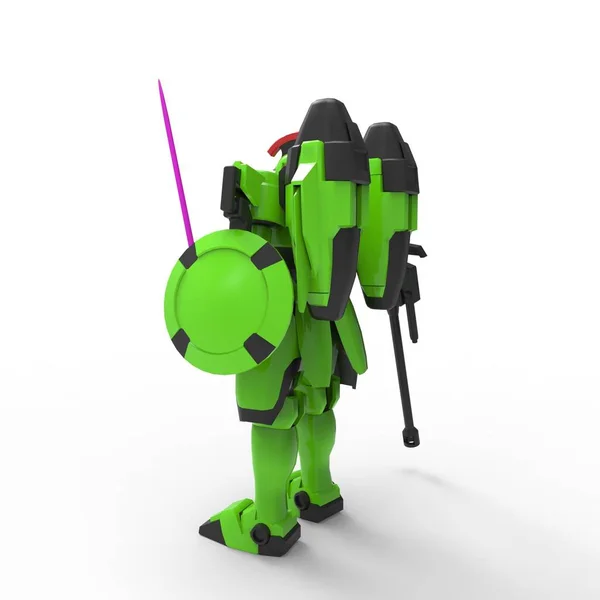 Soldado mecánico de ciencia ficción parado sobre un fondo blanco. Robot futurista militar con metal de color verde y gris. Mech controlado por un piloto. Robot de armadura de metal rayado. Batalla Mech. Renderizado 3D — Foto de Stock