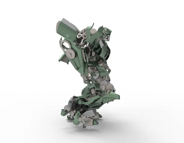 Sci-fi mech asker bir manzara arka plan üzerinde duruyor. Yeşil ve gri renk metal ile askeri fütüristik robot. Mech bir pilot tarafından kontrol ediliyor. Çizik metal zırh robotu. Mech Savaşı. 3d render — Stok fotoğraf