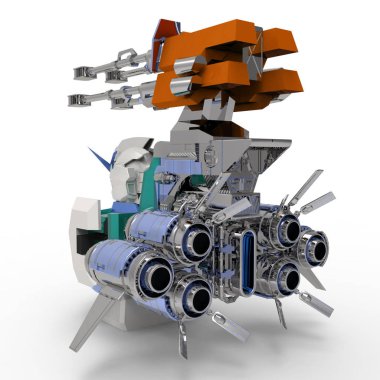 Beyaz bir arka plan üzerinde duran bilim kurgu mech asker. Yeşil ve gri renk metal ile askeri fütüristik robot. Mech bir pilot tarafından kontrol ediliyor. Çizik metal zırh robotu. Mech Savaşı. 3d render