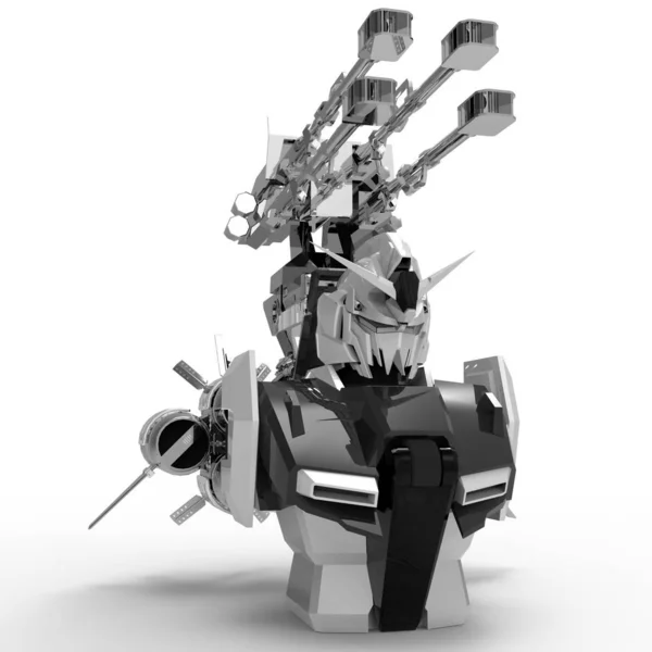 科幻的麦奇士兵站在白色背景上 军事未来机器人与绿色和灰色金属 由飞行员控制的梅奇划伤的金属盔甲机器人 梅奇之战3D — 图库照片
