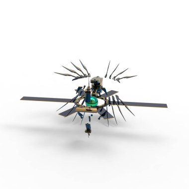 Manzaranın arka planında duran bilim kurgu-meka askeri. Yeşil ve gri renkli metali olan askeri fütürist robot. Mekanik bir pilot tarafından kontrol ediliyor. Kazınmış metal zırh robotu. Mekanik savaşı. 3d oluşturma