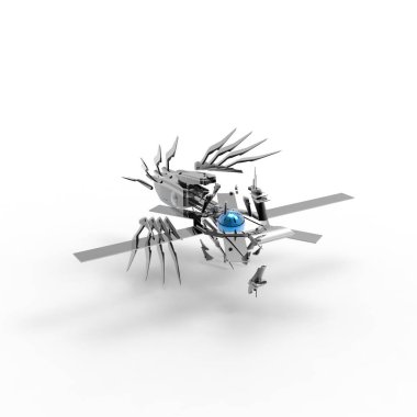 Manzaranın arka planında duran bilim kurgu-meka askeri. Yeşil ve gri renkli metali olan askeri fütürist robot. Mekanik bir pilot tarafından kontrol ediliyor. Kazınmış metal zırh robotu. Mekanik savaşı. 3d oluşturma