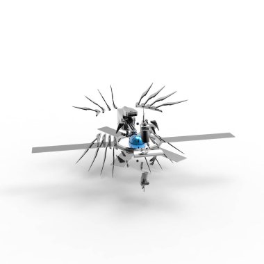 Manzaranın arka planında duran bilim kurgu-meka askeri. Yeşil ve gri renkli metali olan askeri fütürist robot. Mekanik bir pilot tarafından kontrol ediliyor. Kazınmış metal zırh robotu. Mekanik savaşı. 3d oluşturma